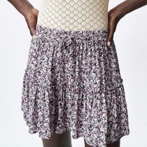 Zara Purple Floral Print Tiered Peasant Skirt With Built In Shorts Medium